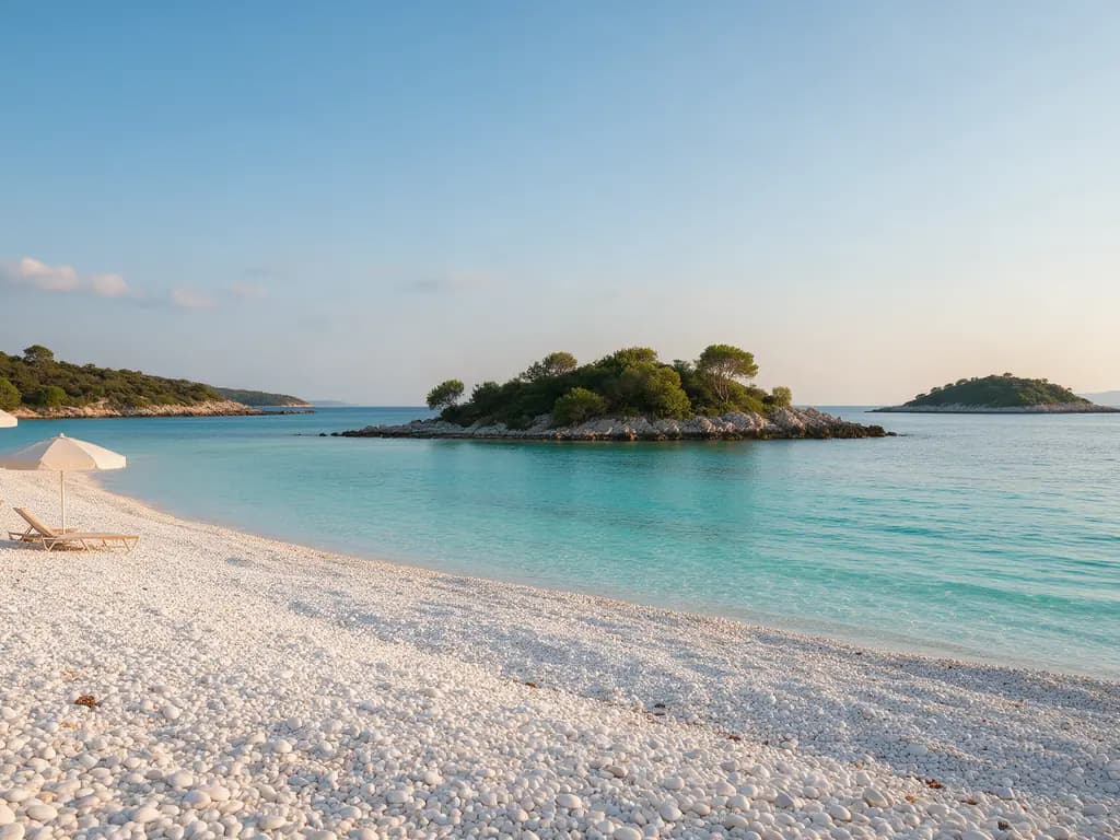 Albania - turkusowa woda i wysepki na plaży w Ksamil