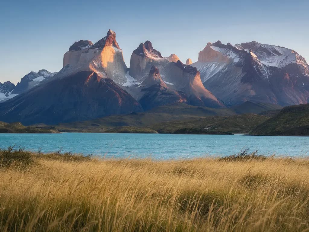 Chile - szczyty Torres del Paine o wschodzie słońca nad jeziorem