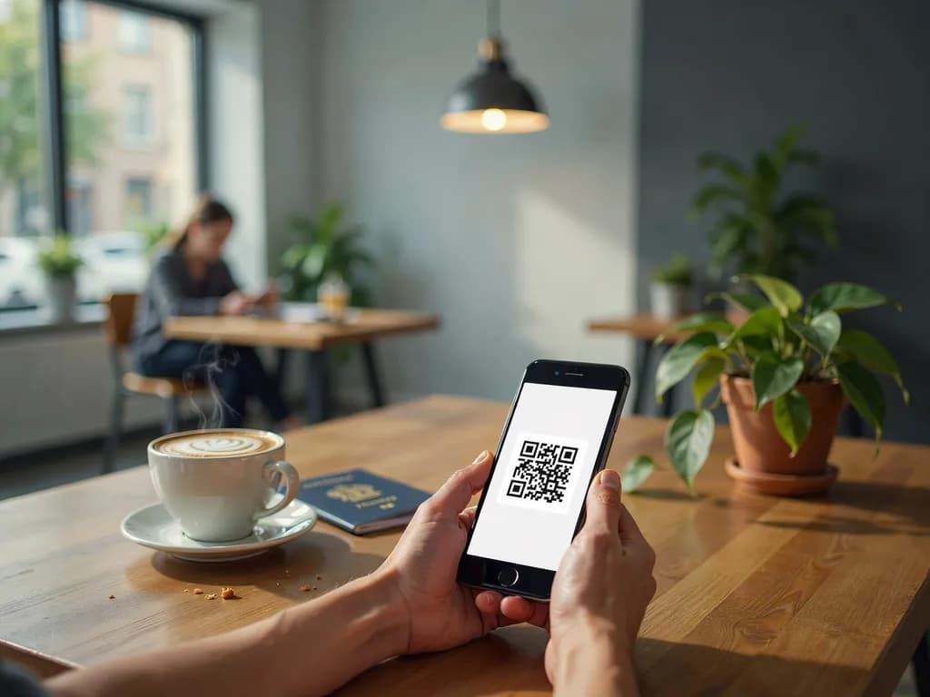 Telefon z kodem QR eSIM na stole w kawiarni