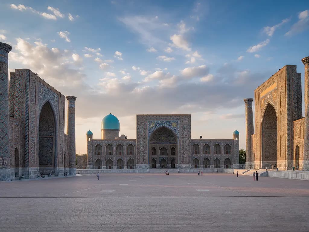 Uzbekistan - plac Registan w Samarkandzie o zachodzie słońca